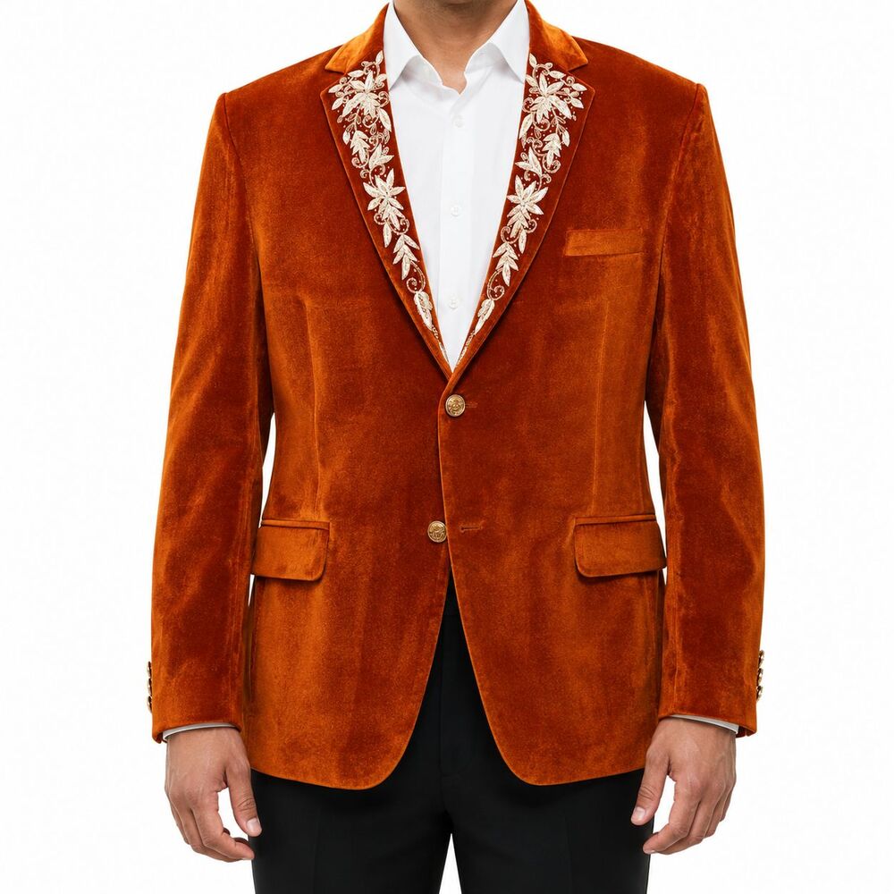 Mens 46R Orange Velvet Blazer Hand Embroidered Floral Lapel Wedding Tuxedo Groom